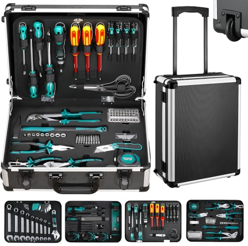 TLGREEN Werkzeugtrolley 128-tlg Werkzeugkoffer Gefüllt Werkzeug Set Trolley-Funktion Werkzeugkasten Werkstattkoffer bestückt Werkzeugkiste fahrbar für DIYer Handwerks Haushalt Autoreparatur Werkstatt