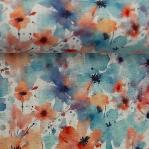 Alpenfleece Kuschelsweat - Blumen, türkis-apricot - Meterware ab 50cm - für kuschelige Bekleidung