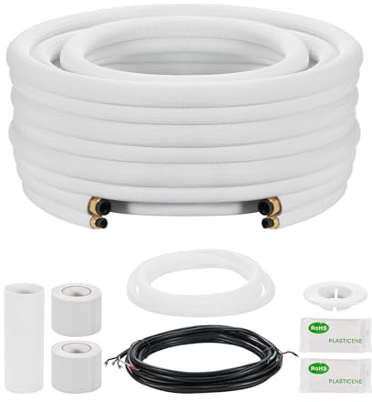 VEVOR Kit Liaison Frigorifique Tuyau en Cuivre Mini-split 9,5 mm 15,9 mm Diamètre Extérieur, 7,6 m Longueur, Bobine Isolée en PE Blanc Épais 9,5 mm avec Écrous, Raccords, pour Mini Climatiseurs Split