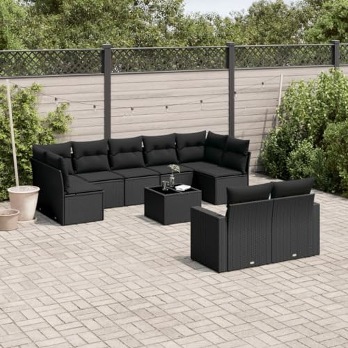 IBUQDDV 10-TLG. Garten-Sofagarnitur Schwarz Poly Rattan mit Kissen, Tisch und Stauraum, Wetterfeste PE Rattan Möbel, Modulares Design für Terrasse, Gartenbank Garnitur Sofagruppe