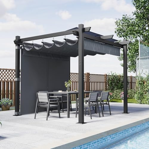Devoko Aluminium Pergola mit Schiebedach, Verstellbarer Schattenfläche, UV-Schutz 50+, Pavillon 3x3 wasserdicht stabil Winterfest, Grillpavillon Metall für Gärten und Terrassen, Grau.