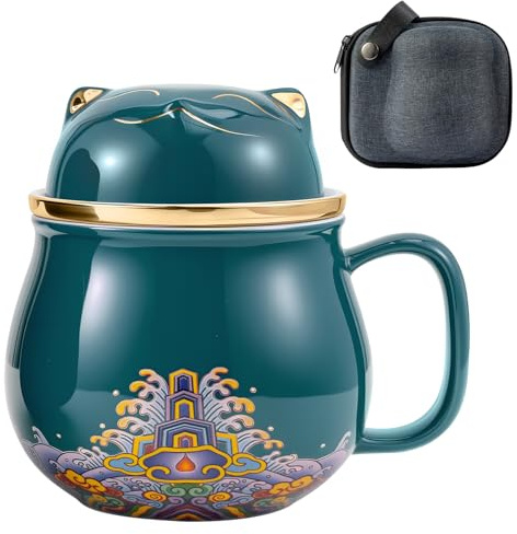 LN Cozy CORNE Portable Lucky Cat Tea Cup Set, Ceramic Teapot with Handle, Lid & Infuser, 4 Colors (Red/White/Blue/Green) with Shockproof Storage Box for Travel, Office, Home, and Gift Giving (Green)
