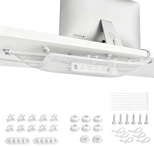 shinfly Under Desk Cable Management Net, Under Desk Cable Tidy, 64 × 25 cm | Flexible Under Desk Cable Management Tray - Invisible Office Power Cords, Charging Accessories and Socket Strips - White