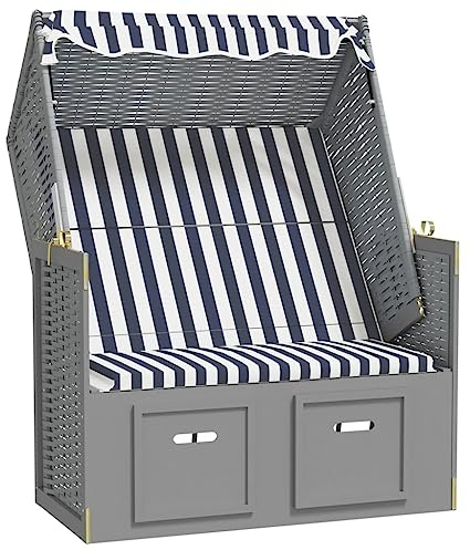 Mhdvray Strandkorb mit Sonnendach Poly Rattan Gartenliege Blau Weiß 115 x 55 x 133-156 cm 3-Fach verstellbar inkl ausziehbarer Fußhocker Massivholzrahmen robust für Strand Balkon Camping
