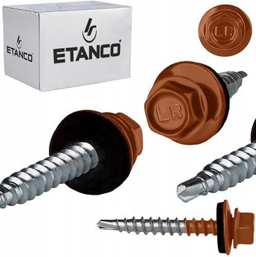 ETANCO GT02 Trapezblechschrauben 4,8 x 70 mm, RAL 8004 Kupferbraun, 100 Stück, selbstbohrend mit EPDM-Dichtung, verzinkter Stahl, Sechskant, für Metallblech auf Holz