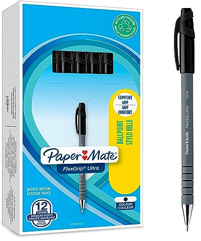 Paper Mate Flexgrip Ultra Bolígrafo con Capuchón, Punta Mediana (1,0 mm), Caja de 12, Negro