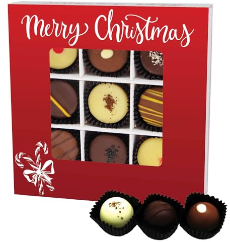 Hallingers Genuss Manufaktur Pralinen Weihnachts-Geschenk - mit & ohne Alkohol, handmade aus Edelkakao in wertiger L-Geschenkbox Merry Christmas..., Weihnachten für Frauen Männer