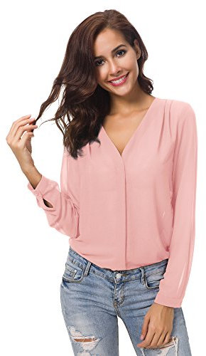 Urban GoCo Femmes Chemisier Col V Hauts Tops Mousseline Manches Longues Chemise (L, Rose)