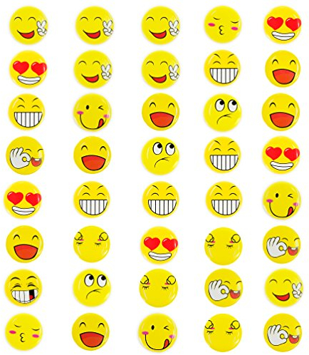 Oblique Unique® 40 Stück Gelbe Smiley Face Anstecker/Buttons - Verschiedene Motive - mit Sicherheitsnadel hinten - kräftige Farben für Gute Laune