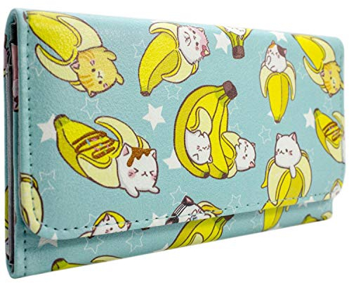 Bananya Cat Anime Fruit-Tastic Peel Out Dreifach gefaltete Geldbörse/Geldbeutel/Portemonnaie mit Münzfach & Kartenhalter, Blau