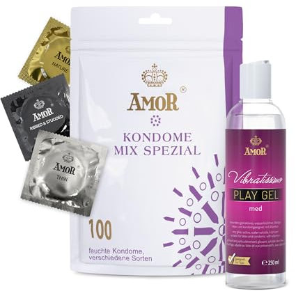 AMOR Premium Kondom und Gleitgel Set, Mix Special 100 Kondome Ø 53 mm, 5 Sorten + Vibratissimo Play Gel med 250 ml