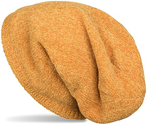 styleBREAKER Unisex Chenille Beanie Mütze einfarbig mit Fleece Futter, Winter Slouch Longbeanie 04024162, Farbe:Curry