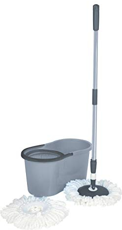 OurHouse SR22018 Spin Mop with Bucket, Telescopic Handle, 2 Refills, Grey