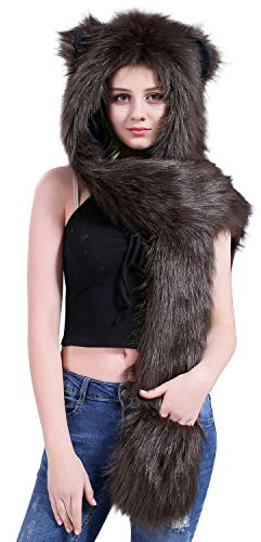 Petalum Damen Winter Warm Mütze Schal Handschuhe Set Kapuzen Handschuhe Warm Kapuzenschal Plüsch Tiere Bär Panda Wolf Paws Ohren Fellmütze