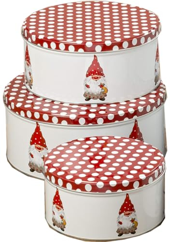 CasaJame 3er Set Metall Keksdose Plätzchendose rund Weihnachten Wichtel rot weiß Gepunkteter roter Deckel Sortiert 14-20 cm