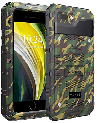 Beeasy Case for iPhone SE 2022/SE 2020 Shockproof Waterproof Built-in Screen Protector,Metal Cover Tough Heavy Duty Amour Military Protective, Full Body Drop Proof Bumper for Outdoor Sport,Camo