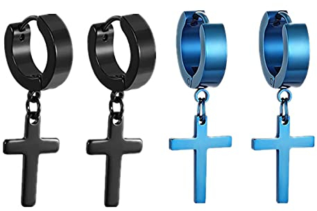 Flongo Herren Ohrstecker Creolen Damen Ohrringe, Edelstahl Ohrstecker Ohrringe Blau Schwarz Stecker Runden Kreuz Anhänger Jahrgang Männer, Frauen