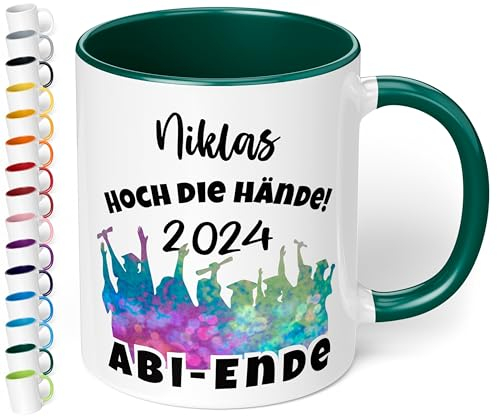 Lustige Tasse zum Abitur 2025 mit Namen: „Hoch die Hände - 2025 – ABI-ENDE“ - Kaffeetasse personalisiert - Geschenke zum Abitur, Abschlussgeschenk, Geschenk zur bestandenen Prüfung, Dunkelgrün