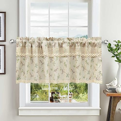 choicehot Pastorale Art Scheibengardinen Landhausstil Gardine Bistrogardine Kurzvorhang Modern Kurzstore Bedruckt Baumzweige Häkelspitze Deko Vorhang in Leinenoptik Beige 1 Stück 40 x 140 cm (H x B)