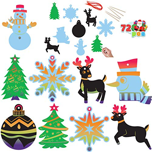 JOYIN Spooktacular Creations Regenbogen Farbe Kratzer Weihnachtsschmuck, 72 Stück Bastelset Kratzbilder Spielzeug für Kinder, Inklusive Schneemann, Schneeflocken, Weihnachtsbaum und Rentier