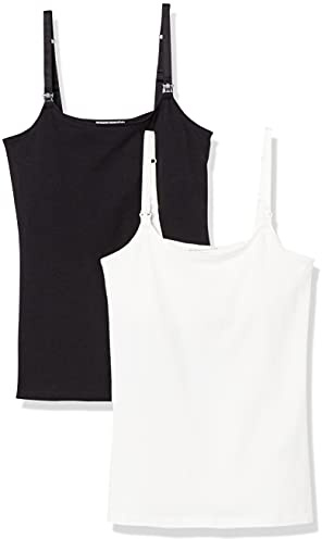 Amazon Essentials Women's Maternity Nursing Tops, Pregnancy Clothes with Adjustable Straps and Built-in Shelf Bra, Pack of 2, Black/White, Medium
