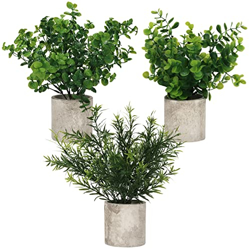 BELLE VOUS Fiori Artificiali Eucalipto Pianta Sintetica in Vaso (3pz) - Piante Finte da Appartamento con Vaso in Finta Plastica - Pianta Eucalipto per Scrivania, Casa, Cucina, Giardino e Decorazioni