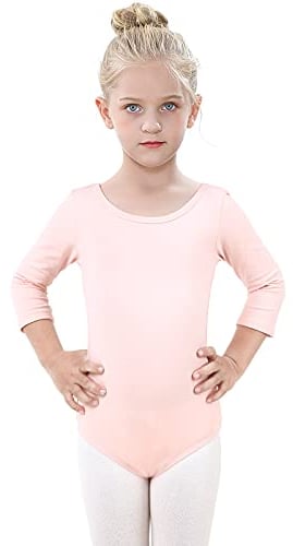 Kefiyis Ballettanzug Mädchen 3/4 Langarm Turn-Leotards Ballett Gymnastik Turnanzug Trikot aus Baumwolle für Kinder (100, Rosa)