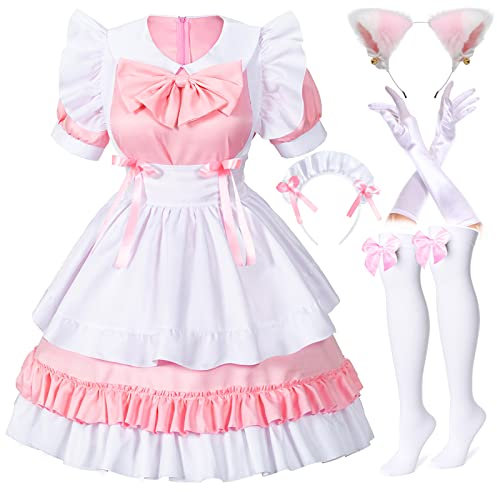 Irtysh Costume Kawaii pour fille – Robe de soubrette française – Gants d'oreilles de chat en fourrure – Ensemble de chaussettes (rose L), rose-blanc, taille L
