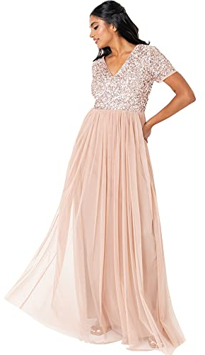 Maya Deluxe Damen Maxi Abendkleid Elegant Hochzeit V-ausschnitt Brautjungfernkleid Empiretaillierung Abschlussball Bridesmaid Dress, Taupe Blush, 44 EU