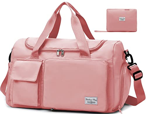 Tokeya Sporttasche Damen Faltbare Reisetasche mit Schuhfach und Nassfach Wasserdicht Weekender Gym Travel Bag Handgepäck Groß Leicht Trainingstasche für Sport Fitness Reisen, Rosa
