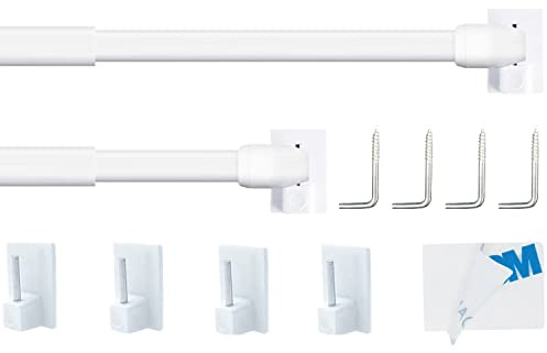 2PCS Extendable Rod, Net Rod Extendable, Net Curtain Rod for Windows, Kitchen with 4PCS Self-Adhesive Hooks(80-140CM/31.50-55.12Inch,White)