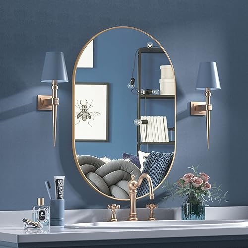 CASSILANDO Ovaler Spiegel, 50 x 75 cm, Ovaler Badezimmerspiegel, Metallrahmenspiegel, Horizontal oder Vertikal aufhängen, Gold Kosmetikspiegel für Wohnzimmer, Schlafzimmer, Eingangsbereich (Gold)