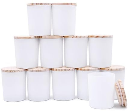 SHOWIN Tarros gruesos para hacer velas, 12 unidades, tarros vacíos de 7 onzas con tapas de madera para hacer velas, recipiente de muestra, apto para lavavajillas, blanco mate
