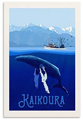 Vintage Reise Abenteuer Poster Neuseeland Kaikoura Wal Poster Dekorative Malerei Leinwand Wandposter und Kunstdruck Moderne Familie Schlafzimmer Dekor Poster 20 x 30 cm
