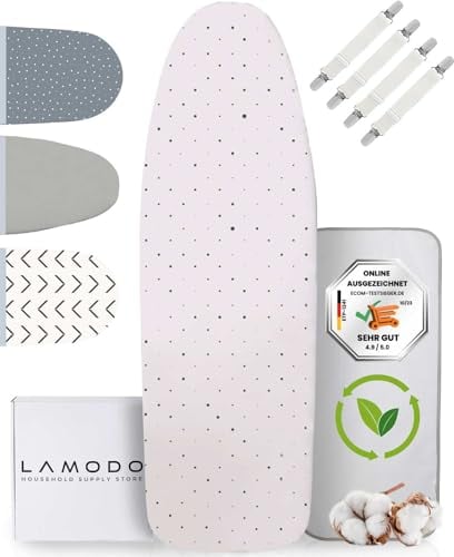 lamodo® - Ironing Board Cover 110 x 30 cm - Ironing Cover Made of 100% Cotton - Suitable for Steam Iron - Extra Thick Padding + Elastic Band and Tensioner, 110-115 cm x 30-35 cm