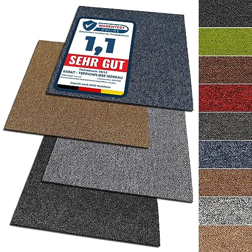 KARAT Teppichfliesen Moskau 50x50 cm selbstliegend - 24 Stück Set - 6m² - strapazierfähiger Teppich Bodenbelag mit hochwertigem Schlingenflor für Haus & Büro - antistatisch mit Bitumen Rücken - Grau