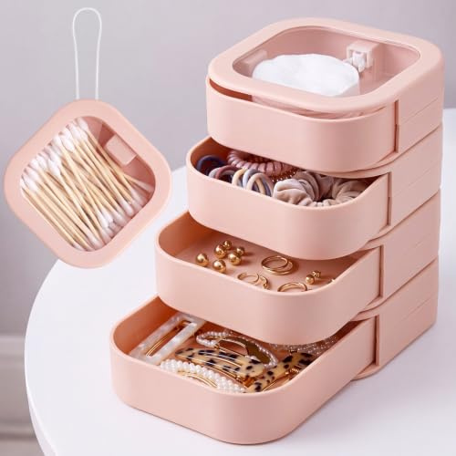 Kathfly Haargummi-Organizer, tragbar, Reiseetui, stapelbarer Haargummi-Halter und Haarnadel-Halter für Schmuck, Wattestäbchen, Clips und Zubehör, Rosa, 4 Stück