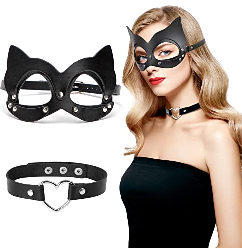 Catwoman Maske & Choker Set, Katzenmaske Damen, Schwarze PU Leder Maske für Halloween Cosplay