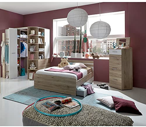 Lomadox 120 cm Jugendbett Teenagerbett mit Bettschubkästen und Eckkleiderschrank, begehbar und beleuchtet und Hochkommode in Eiche Nb. mit weiß
