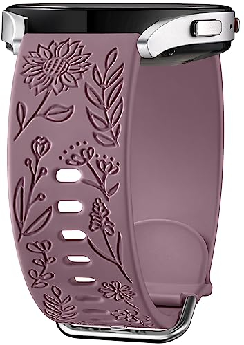 Mastten Sunflowers Engraved Strap Compatible with Samsung Galaxy Watch 7 6 5 4 40mm 44mm Women, 20mm Soft Silicone Band for Galaxy Watch FE/Active 2/Watch 3 41mm/5 Pro/4 6 Classic, Smoke Violet