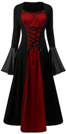 YRTBGD Renaissance Kostüm Frauen Mittelalterliches Kleid mit Trompetenärmel Gothic Kleid Damen Mittelalter Kleidung Damen für Halloween Karneval (Schwarze Rote, L)