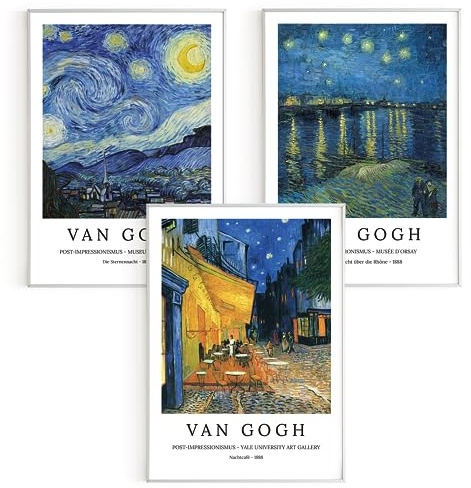Bilder-Set: 3 x DIN A5 (15x21) Premium Posterpapier - Vincent van Gogh, Die Sternennacht; Nachtcafé; Sternennacht über die Rhône, Kunstdruck ohne Rahmen, Wandbild, Bilderwand - A4, A3, A2, A1, A0, ..