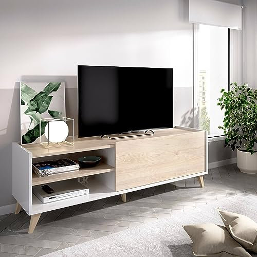 Dmora - Mobile porta TV Asinara, Credenza bassa da soggiorno, Madia da salotto per televisione, 155x43h47 cm, Rovere e Bianco