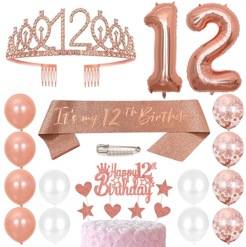 12. Geburtstags Krone Schärpe Mädchen Kristall Queen Tiara Princess Crown 12 Jahre Geburtstag Tortendeko Helium Foil Ballons Roségold Luftballon Zahl 12 Geburtstagsdeko für Mädchen Party Dekorations