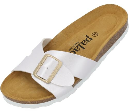 Palado Pantoletten Damen Tinos - bequeme Sandalen Made in Spain - elegante Hausschuhe mit Kork-Fußbett - modische Sommerschuhe Weiß Metallic UK6 - EU39