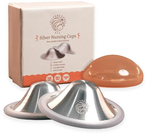Silvercuppa® The Original Silver - Bonnets d'allaitement | Boucliers pour tétons d'allaitement pour nouveau-nés avec anneau en silicone souple et étui de transport, argent 925 | Essentiels essentiels