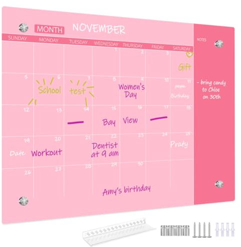 Whiteboard aus Glas, trocken abwischbar, Monatskalender, Whiteboard, 30,5 x 40,6 cm, rahmenloses Glas-Whiteboard für Zuhause, Schule, Büro, rosa Oberfläche (GlassA-PK-3040)