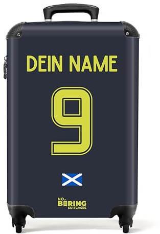 NoBoringSuitcases.com Handgepäck Koffer, Koffer Personalisiert, Reisekoffer, Reisetasche mit Rollen, Trolley Handgepäck, Koffer Handgepäck 55x40x20 cm (EM 2024 - Heimtrikot Schottland - Marineblau)