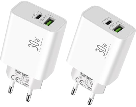 LUOSIKE Prise USB C 30W avec Port USB-A - 2 Pces, Adaptateur Secteur, Chargeur Rapide Compatible avec iPhone 16/15/14/13/12/11/Pro/Max/Plus/SE/16e, Samsung S24/S23/S22, Google Pixel 9/8/7/6