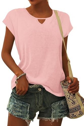 WNEEDU Tee Shirt Femme Col en V Débardeur T Shirt Manches Courtes été Hauts Top Amples Chemises Base Décontracté Rose Clair XL